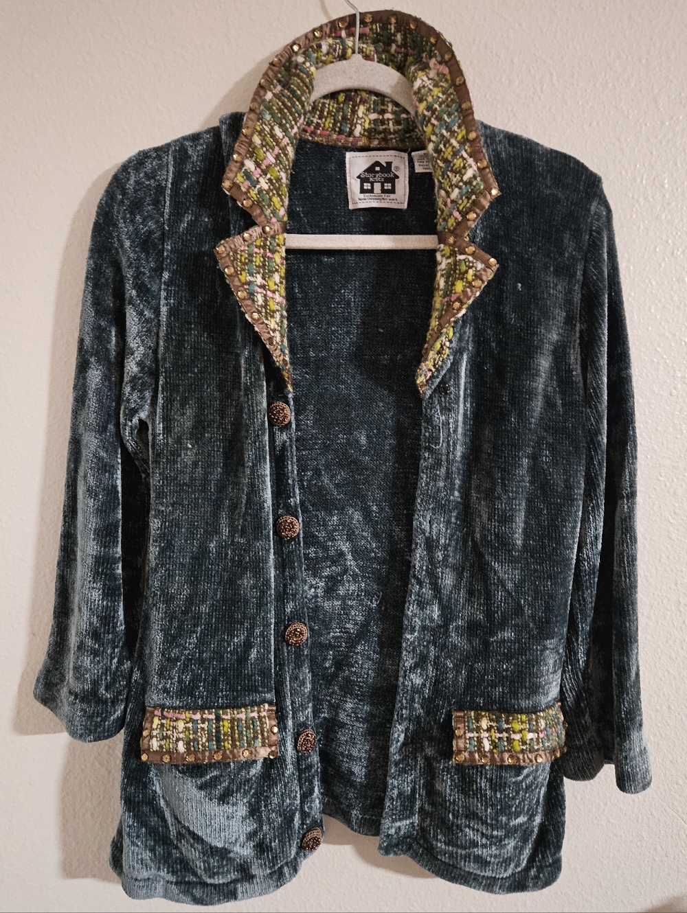 Vintage Storybook Knits Chenille Velvet Cardigan Jacket Tweed Trim & Beaded XS